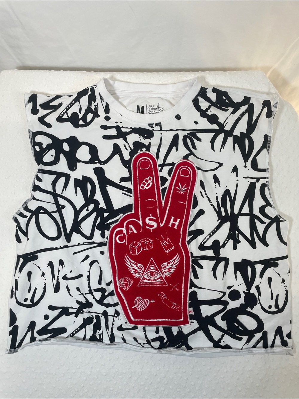 Bleecker and Mercer White Graffiti Tank  with Red Peace Patch Raw edges medium